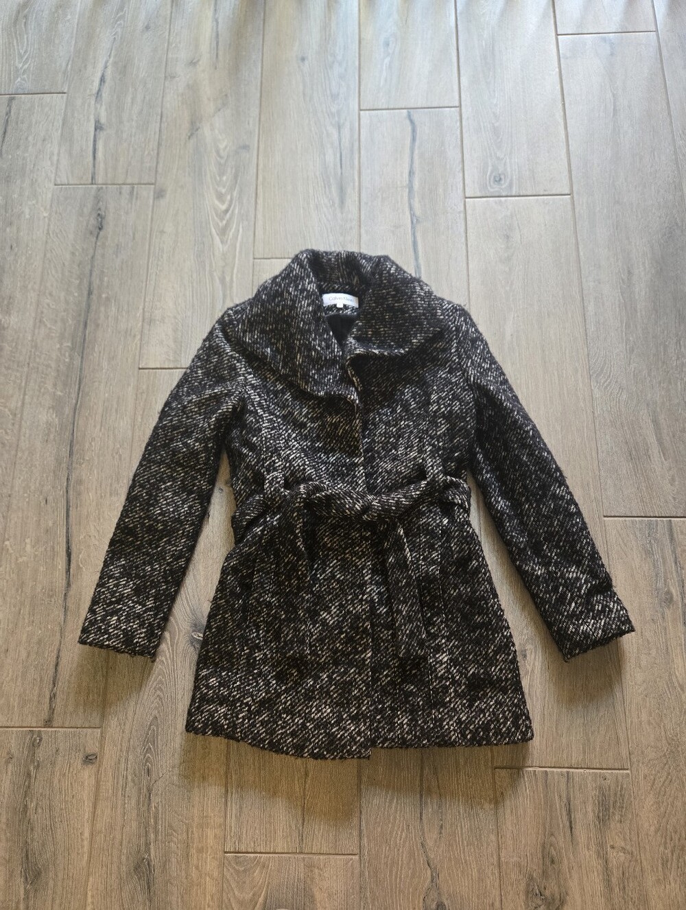 Women's Black and White Textured Belted Coat
